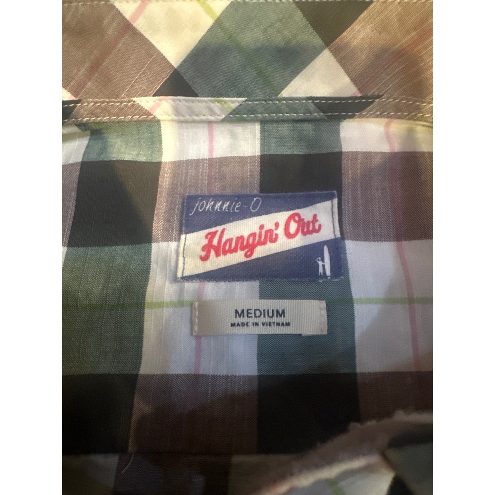 Johnnie-O Hangin Out Mens Medium Plaid Button Down Shirt Long Sleeve Brown Green